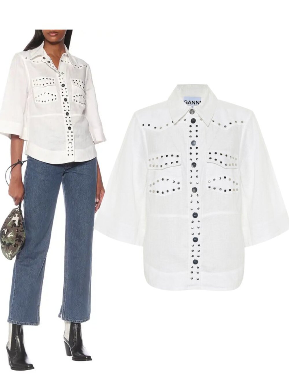 GANNI white linen studded top sz 36 US 4